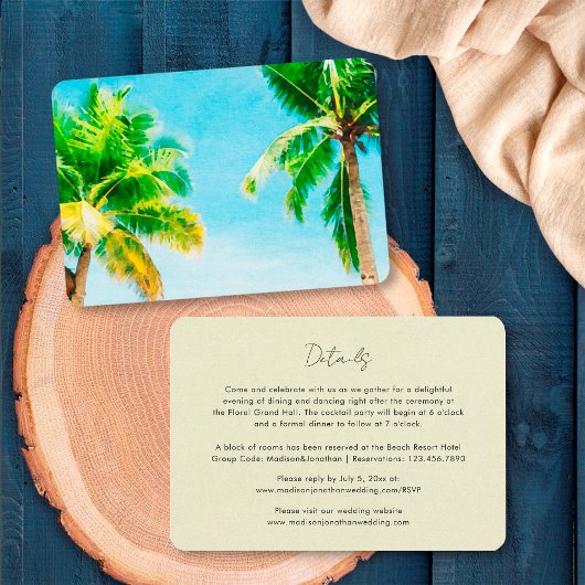 Carte D'accompagnement Elegant Tropical Beach Palm Tree Détails du Mariag