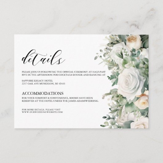 Carte D'accompagnement Elégant vert Eucalyptus Rose blanche Mariage (Devant)