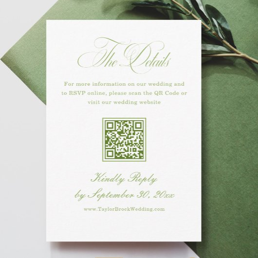 Carte D'accompagnement Elegant White and Green Wedding Details Qr Code