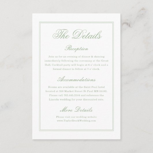 Carte D'accompagnement Elegant White and Sage Green Wedding Details  (Devant)