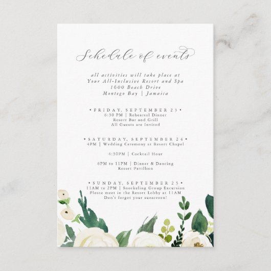 Carte D'accompagnement Elégant White Floral Weekend Horaire des événement (Devant)