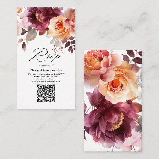 Carte D'accompagnement Elégante aquarelle Bourgogne QR Code Mariage RSVP (Devant / Derrière)