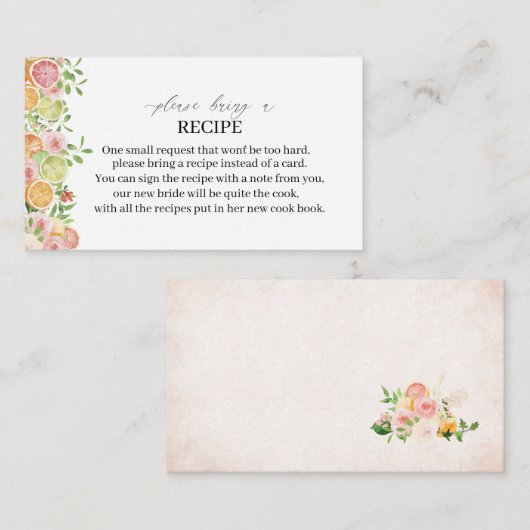 Carte D'accompagnement Elégante aquarelle Citrus rose Fleurs A Recette ca (Devant / Derrière)