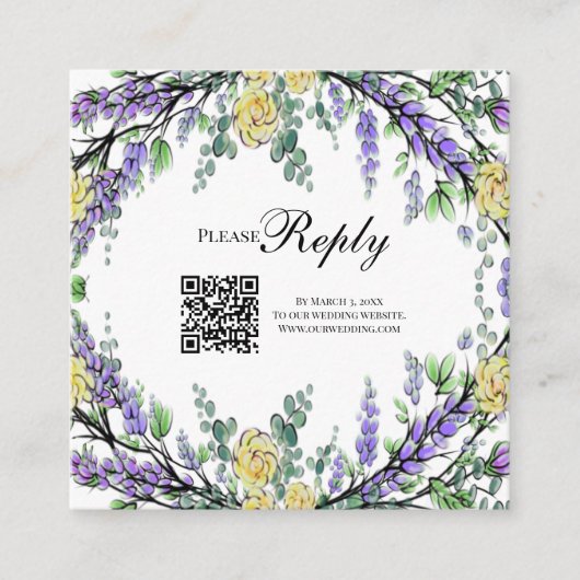 Carte D'accompagnement Elégante aquarelle jaune rose lavande RSVP QR (Devant)