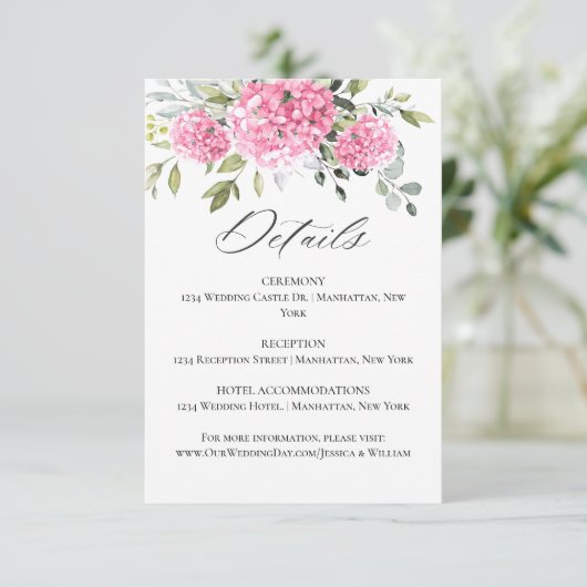 Carte D'accompagnement Elégante aquarelle rose Hydrangea Détails du Maria (Debout devant)