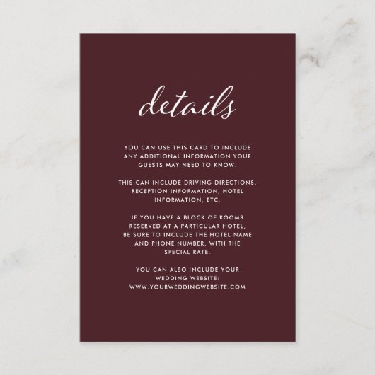 Carte D'accompagnement Élégante Bourgogne | Détails de l'invité Mariage (Devant)