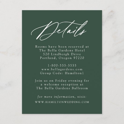 Carte D'accompagnement Élégante calligraphie Forest Green Détails du Mari (Devant)