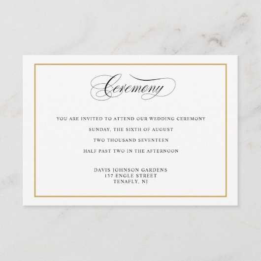 Carte D'accompagnement Élégante Calligraphie Gold Ceremony Directions (Devant)