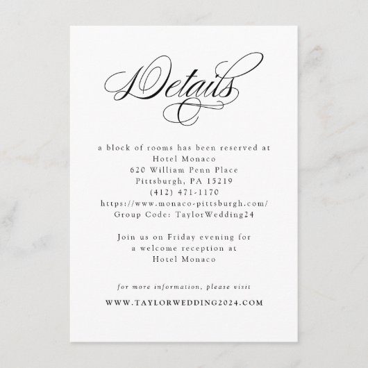 Carte D'accompagnement Élégante calligraphie noir blanc Détails du Mariag (Devant)