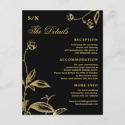 Carte D'accompagnement Elégante calligraphie or noir détails mariage (Devant)