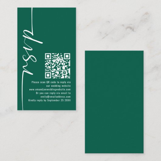 Carte D'accompagnement Élégante calligraphie QR Code Emerald Wedding RSVP (Devant / Derrière)