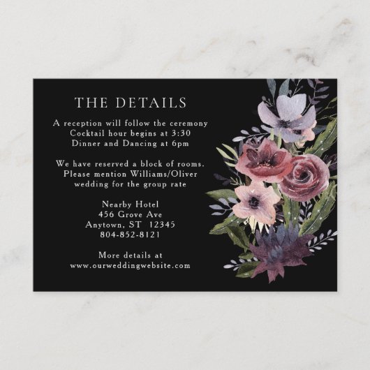 Carte D'accompagnement Elégante Cascade florale foncée Noir Bourgogne Enc (Devant)