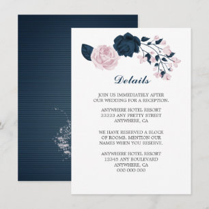Carte D'accompagnement Elégante marine & fleurs roses détails