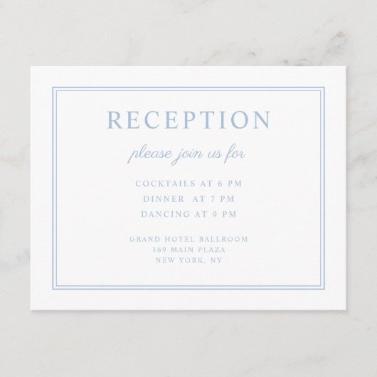 Carte D'accompagnement Elégante Poudre Bleu Script Mariage Réception (Devant)