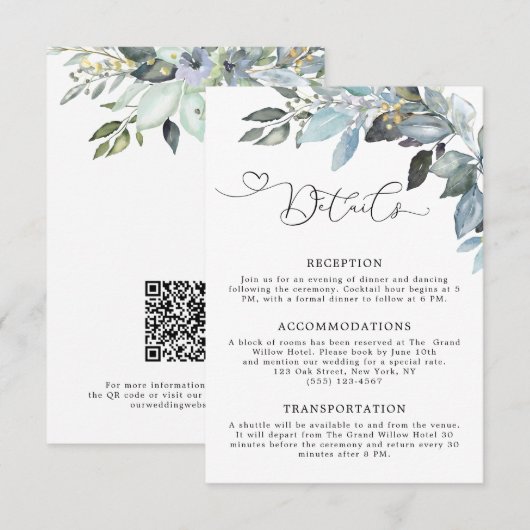 Carte D'accompagnement Élégante verdure Feuillage Code QR Détails de mari (Devant / Derrière)