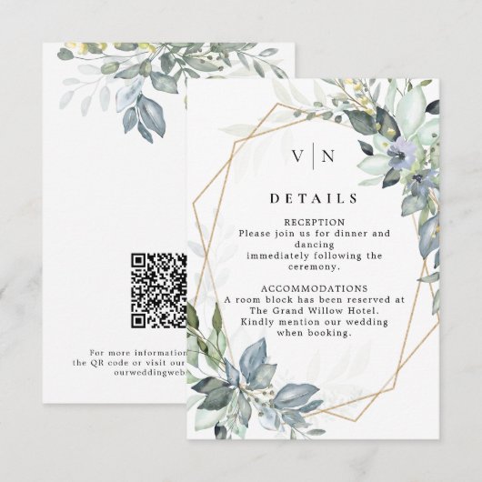 Carte D'accompagnement Élégante verdure vert et or Code QR de mariage (Devant / Derrière)