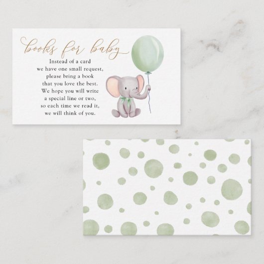 Carte D'accompagnement Elephant avec Balloon Vert Livres pour bébé (Devant / Derrière)