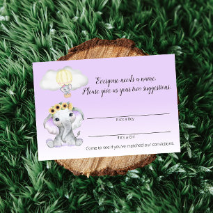 Carte D'accompagnement Elephant Hot Air Balloon Nom du bébé Jeu violet