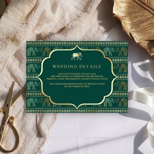 Carte D'accompagnement Emerald and Gold Elephant Mariage indien Détails