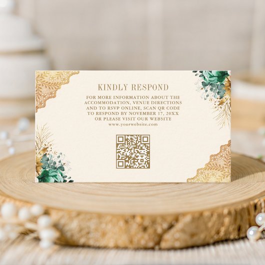 Carte D'accompagnement Emerald Floral Gold Lace Cream Mariage QR Code
