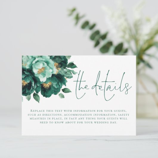 Carte D'accompagnement Emerald Gold Florals QR Code Détails Mariage (Debout devant)