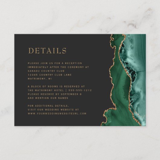 Carte D'accompagnement Emerald Green Agate Gold Dark Mariage Détails (Devant)