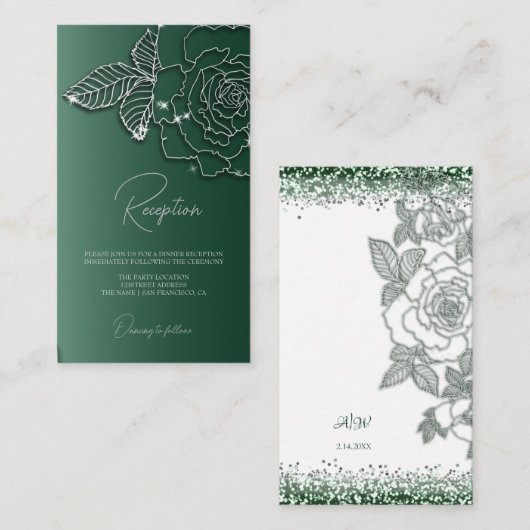 Carte D'accompagnement Emerald green Argent floral Elégant mariage (Devant / Derrière)