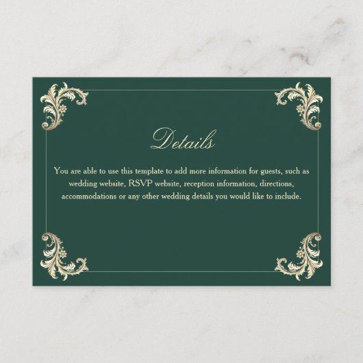 Carte D'accompagnement Emerald Green Baroque Gold Détails du Mariage (Devant)