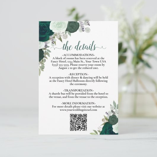 Carte D'accompagnement Emerald Green Boho Roses Détails Mariage QR Code (Debout devant)