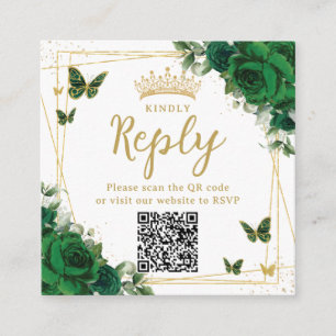Carte D'accompagnement Emerald Green Butterflies Quinceanera RSVP QR Code