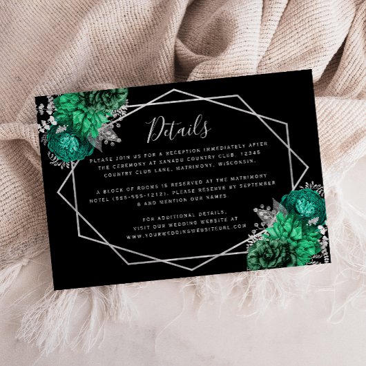 Carte D'accompagnement Emerald Green Floral Silver Black Détails du Maria