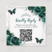 Carte D'accompagnement Emerald Green Floral Silver Quinceañera QR Code (Devant)