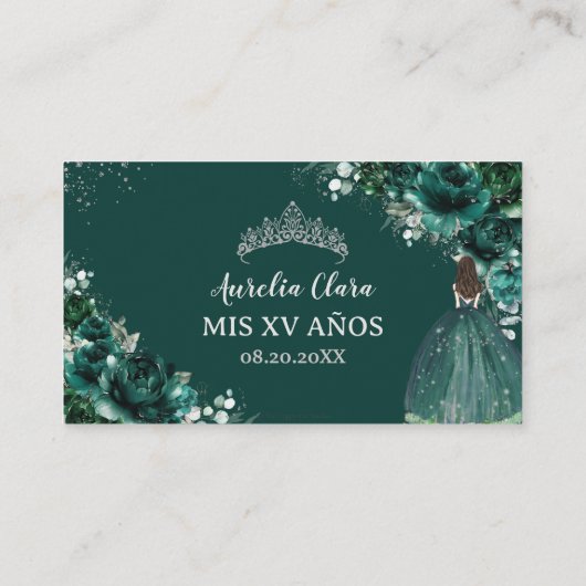 Carte D'accompagnement Emerald Green Floral Silver Quinceañera QR Code (Dos)
