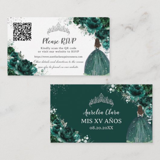 Carte D'accompagnement Emerald Green Floral Silver Quinceañera QR Code (Devant / Derrière)