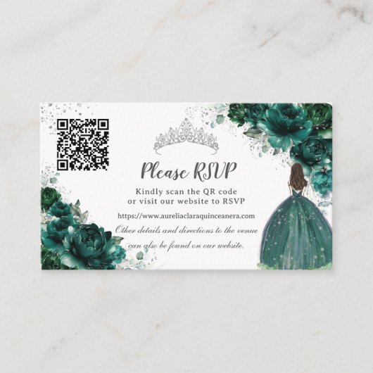 Carte D'accompagnement Emerald Green Floral Silver Quinceañera QR Code (Devant)