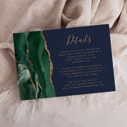 Carte D'accompagnement Emerald Green Gold Agate Navy Blue Mariage Détails