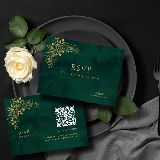 Carte D'accompagnement Emerald Green Gold Floral QR code Mariage RSVP