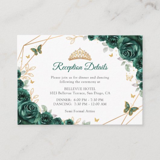 Carte D'accompagnement Emerald Green Gold Floral Quinceanera Détails (Devant)