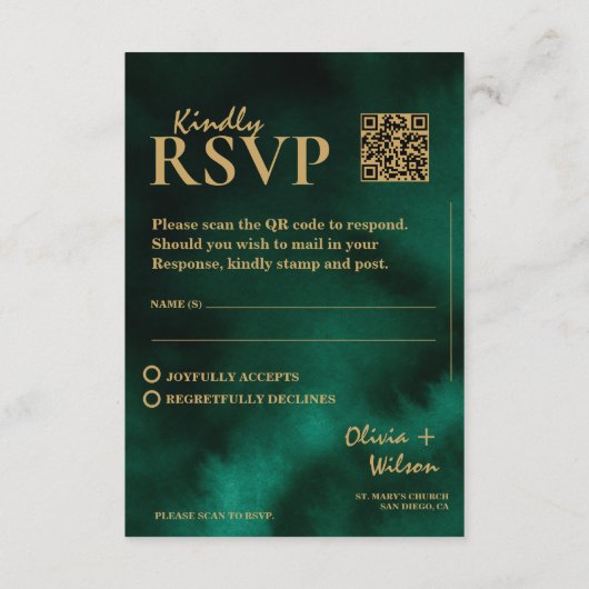 Carte D'accompagnement Emerald Green & Gold Mariage QR Code RSVP (Dos)