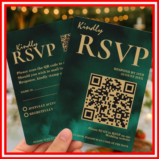 Carte D'accompagnement Emerald Green & Gold Mariage QR Code RSVP