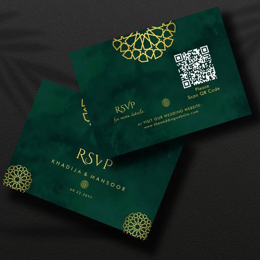 Carte D'accompagnement Emerald Green Gold Ornate QR code Mariage RSVP