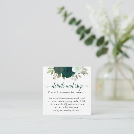 Carte D'accompagnement Emerald Green Mariage Détails & RSVP QR Code (Debout devant)