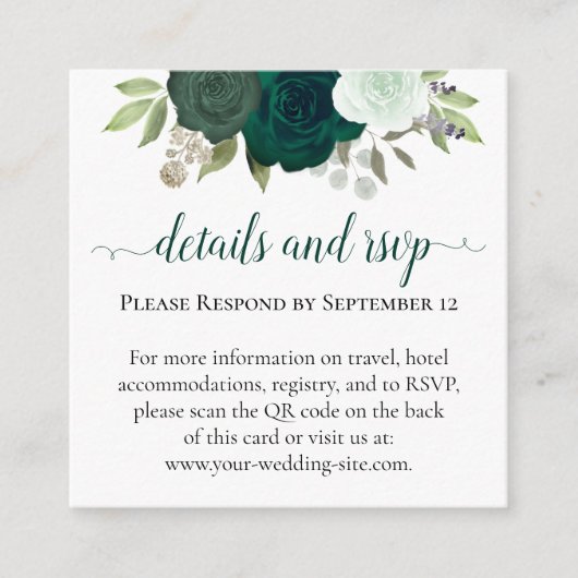 Carte D'accompagnement Emerald Green Mariage Détails & RSVP QR Code (Devant)