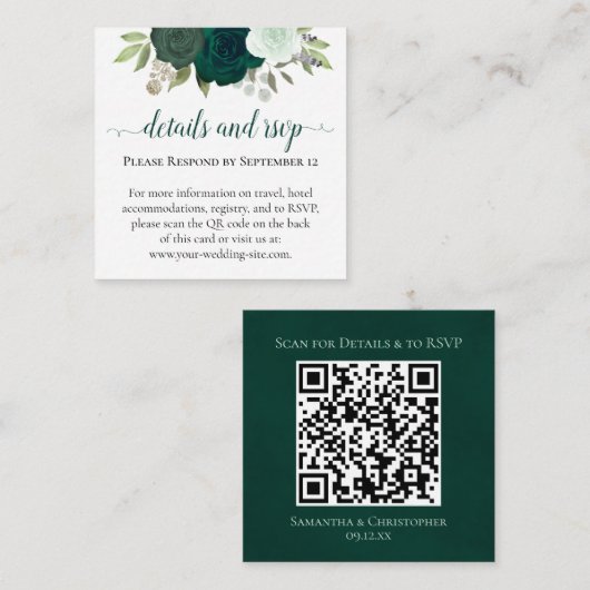 Carte D'accompagnement Emerald Green Mariage Détails & RSVP QR Code (Devant / Derrière)