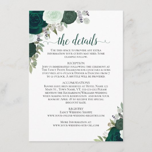 Carte D'accompagnement Emerald Green & Sage Rose Rustique Détails du Mari (Devant)