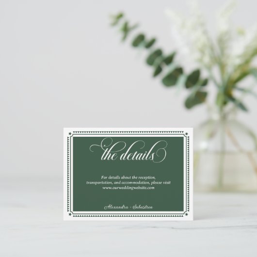 Carte D'accompagnement Emerald Green Script Western Rustic Mariage Détail (Debout devant)