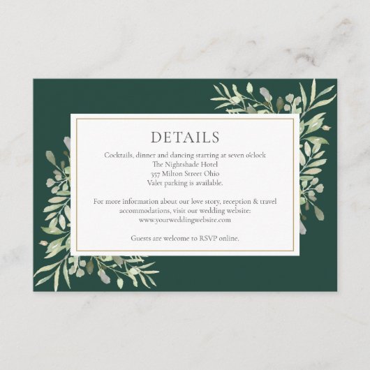 Carte D'accompagnement Emerald Greenery Floral Détails du Mariage (Devant)