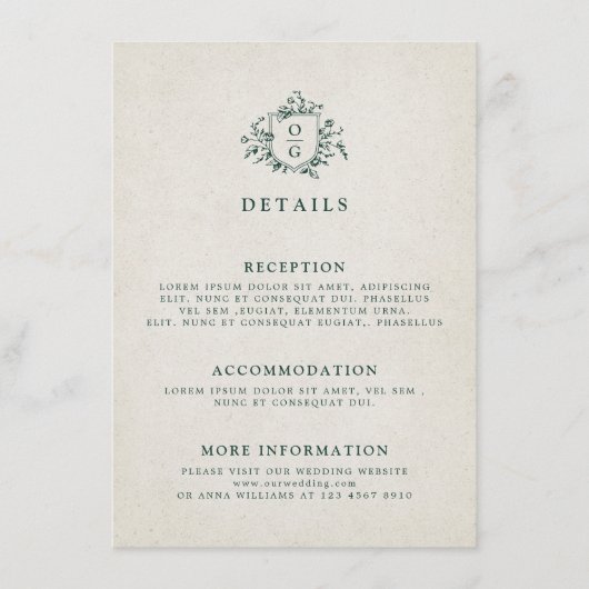 Carte D'accompagnement Emerald Greenery Mariage botanique Vintage Détails (Devant)