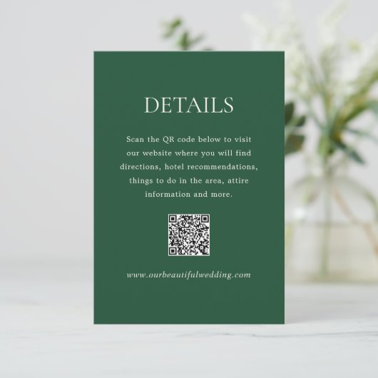 Carte D'accompagnement Emerald vert QR Code moderne Mariage élégant (Debout devant)