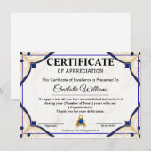 Carte D'accompagnement Employee Recognition Certificate Blue Gold (Devant / Derrière)